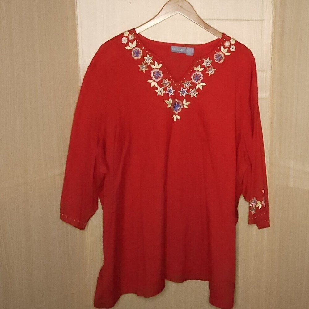 Liz & Me Womens Plus Red Linen Blend Embroidered Tunic Top 5X